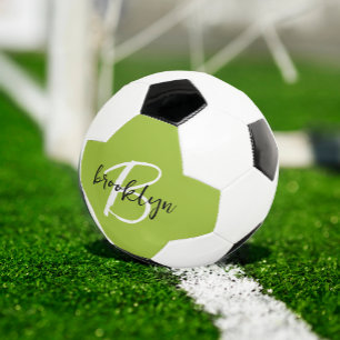 Trendy Lime Green Black White Script Monogram Soccer Ball