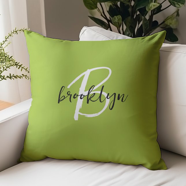Trendy Lime Green Black White Script Monogram  Throw Pillow (Creator Uploaded)