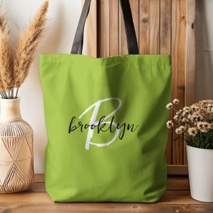 Trendy Lime Green Black White Script Monogram Tote Bag