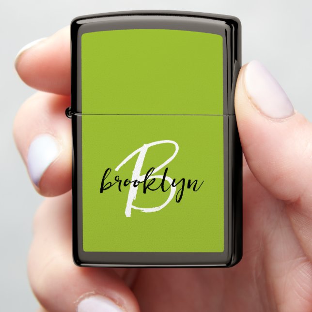 Trendy Lime Green Black White Script Monogram Zippo Lighter (In Hand)
