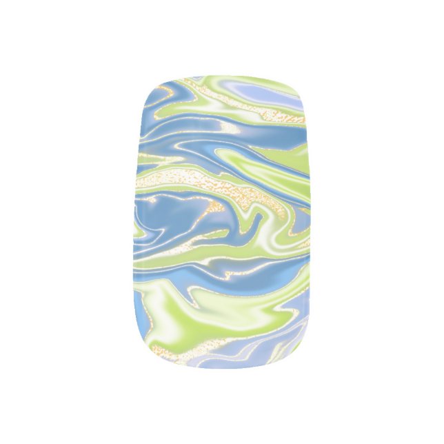 Trendy Lime Green Blue Marble Pattern  Minx Nail Art (Left Thumb)
