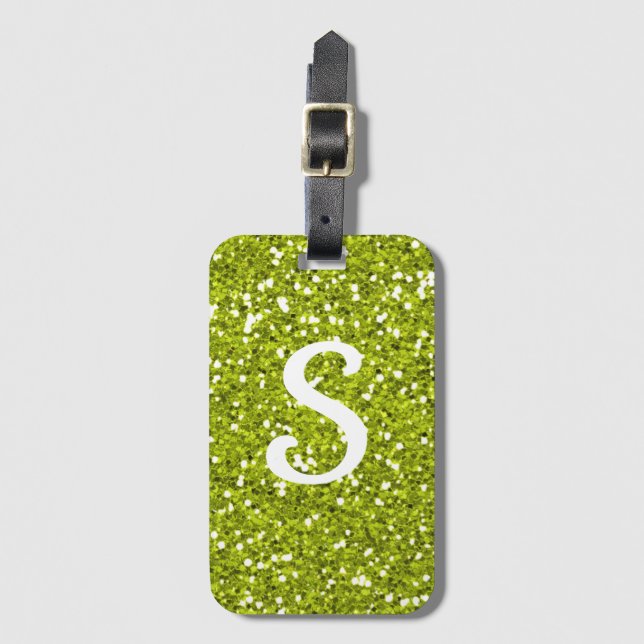 Trendy Lime Green Glitter Monogram Initial Luggage Tag (Front Vertical)