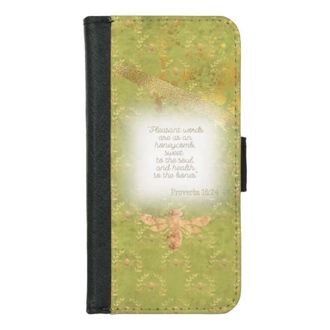 Trendy Lime Green Gold Bee Wreath Pattern Faith iPhone Wallet Case (Front)