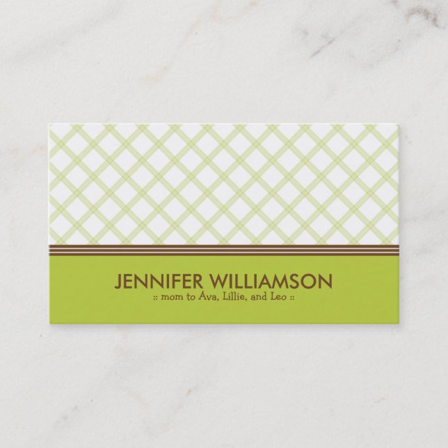 Trendy Lime Green Plaid Mommy Calling Card (Front)