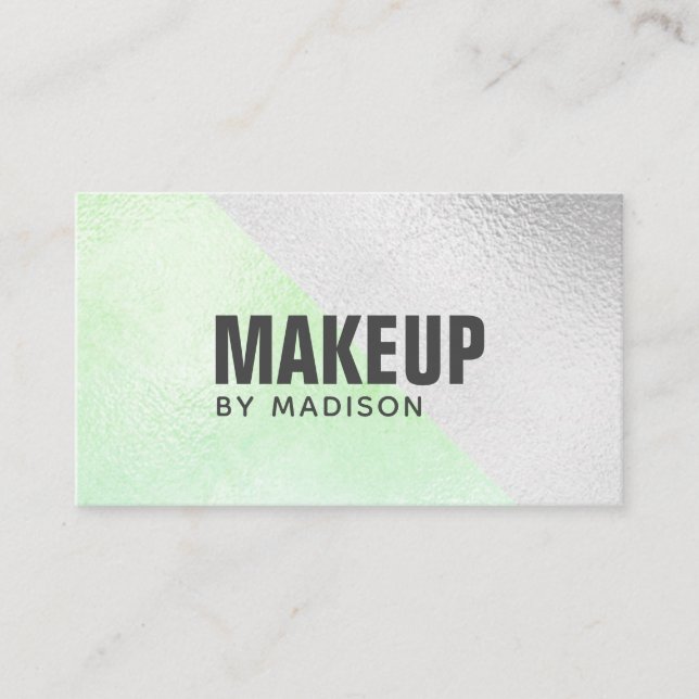 Trendy Lime Green Silver Modern Chic Makeup Artist Business Card (Front)