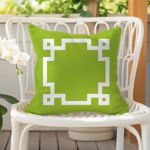 Trendy Lime Green White Greek Key Border Outdoor Pillow