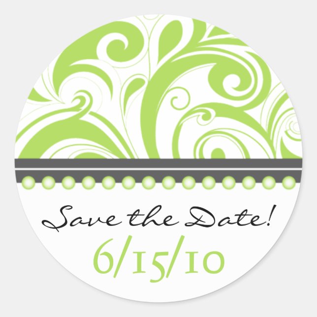 Trendy Lime Swirlies Save the Date Sticker (Front)
