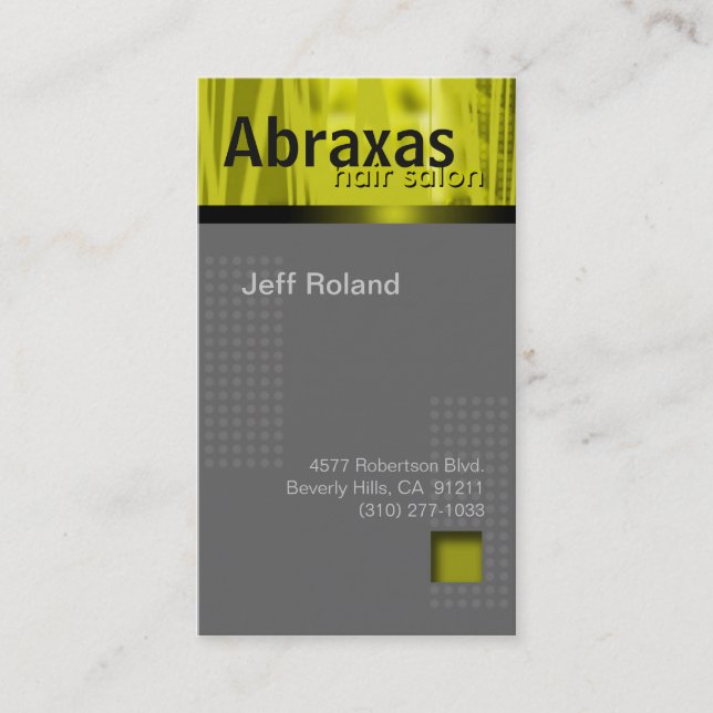 Trendy Lime Yellow Grey Business Card "Abraxas" (Front)
