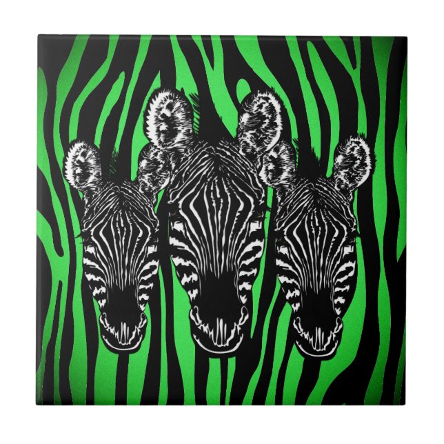 Trendy Lime Zebra  Herd on Zebra Print Ceramic Tile (Front)