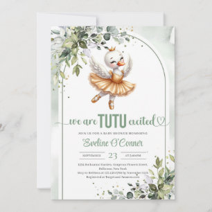 Trendy little swan with gold tutu dress greenery invitation