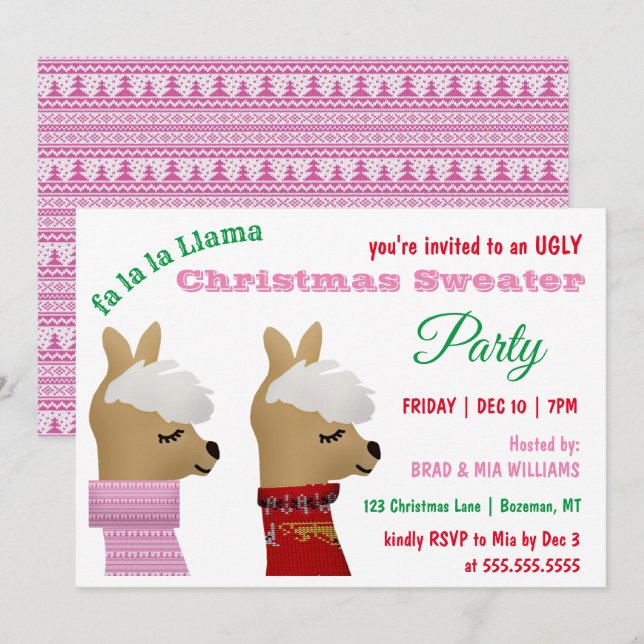 Trendy Llama Pink Christmas Sweater Party Invitation (Front/Back)