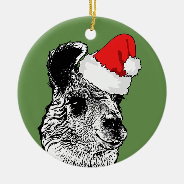 Trendy Llama & Santa Hat | Personalized Ceramic Ornament (Front)