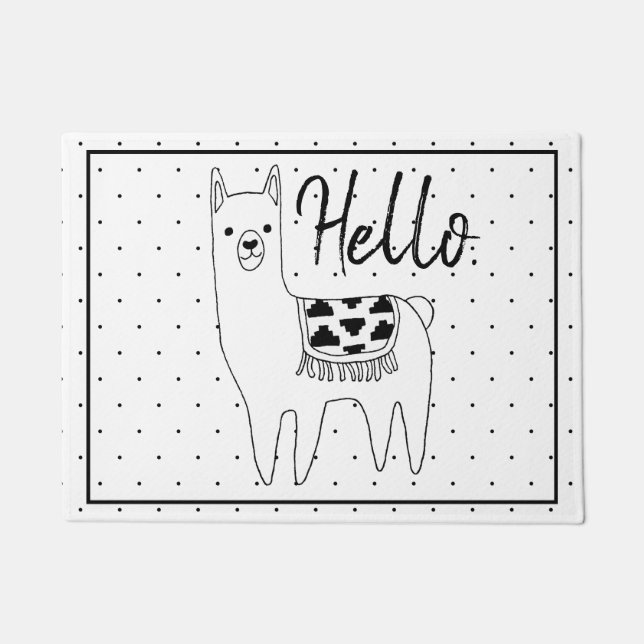 Trendy Llama Sketch & Black Dots Hello Doormat (Front)