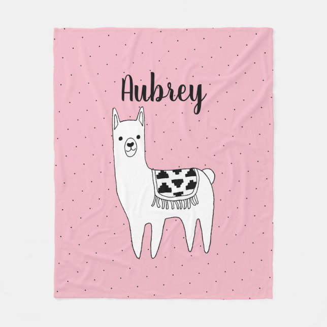 Trendy Llama Sketch & Black Dots with Script Name Fleece Blanket (Front)