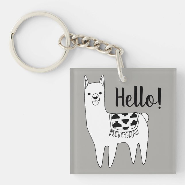 Trendy Llama Sketch Hello! Keychain (Front)