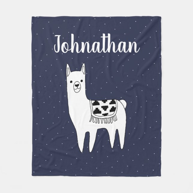 Trendy Llama Sketch & White Dots with Script Name Fleece Blanket (Front)