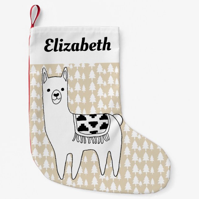 Trendy Llama & Trees Name in Script Small Christmas Stocking (Front)