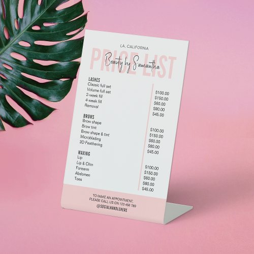 Trendy Logo Blush Pink Beauty Salon Pricing Menu Pedestal Sign