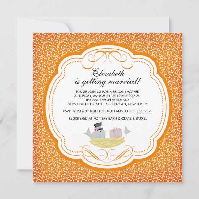 Trendy Love Birds Bridal Shower Invitation Orange (Front)