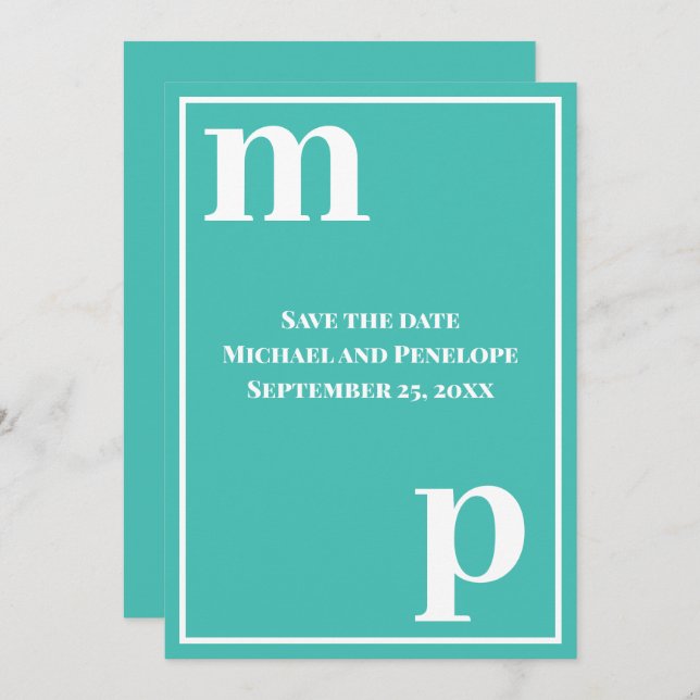 Trendy Lower Case Monogram Turquoise Save the Date Invitation (Front/Back)