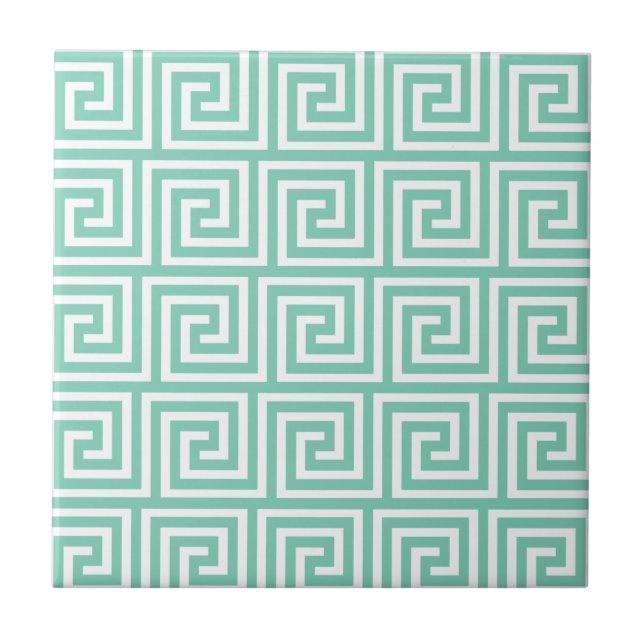 Trendy Lucite Green and White Greek Key Pattern Tile (Front)