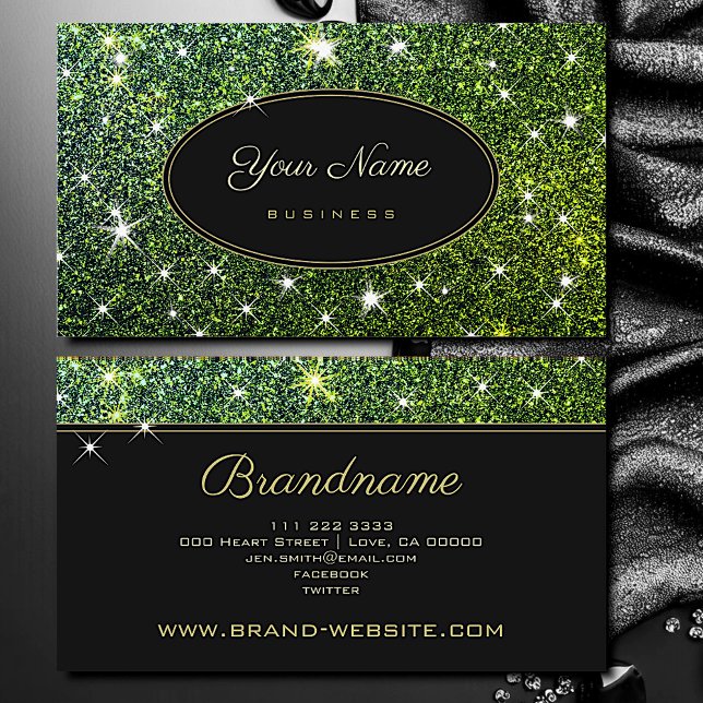 Trendy Luminous Green Glitter Glam Stars Elegant Business Card (Creator Uploaded)