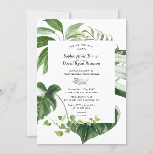 Trendy Lush Watercolor Tropical Greenery Wedding Invitation