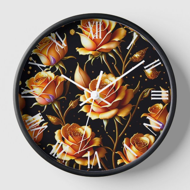 Trendy Luxury Big Gold Rose Collection Clock (Front)