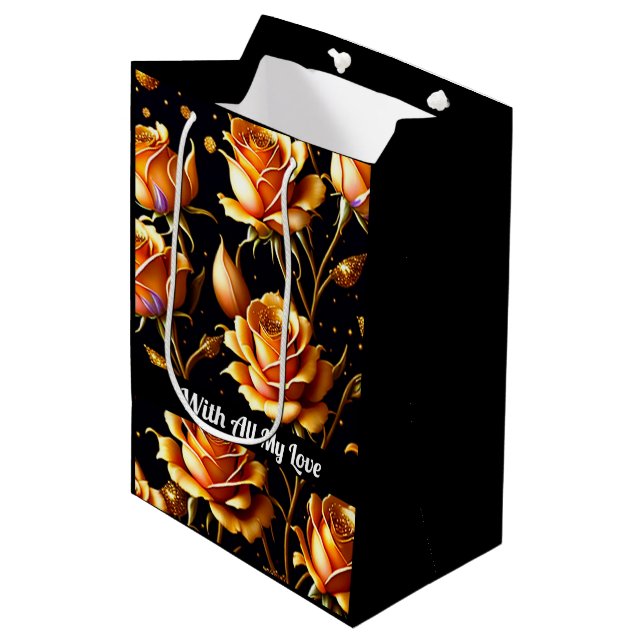 Trendy Luxury Big Gold Rose Collection Medium Gift Bag (Front Angled)