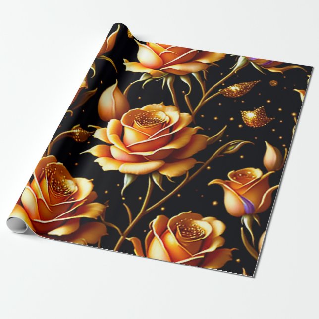 Trendy Luxury Big Gold Rose Collection Wrapping Paper (Unrolled)