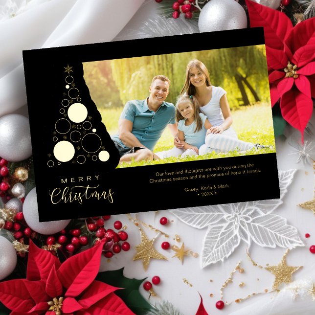 Trendy Luxury Christmas Tree Photo Family  Foil Holiday Card (Black Trendy Luxury Christmas Tree Photo Family Metallic Foil Holiday Card with Envelope.)