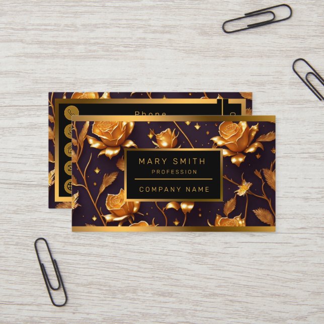 Trendy Luxury Gold Boho Rose Collection Business Card (Front/Back In Situ)