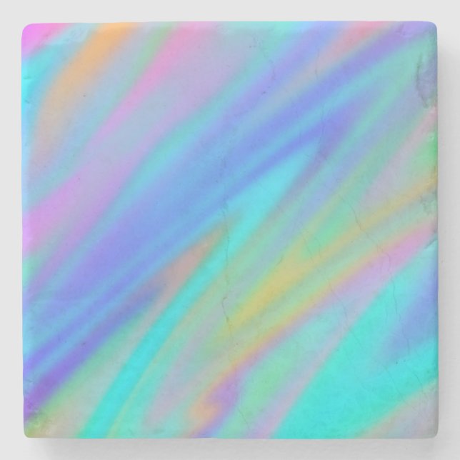 Trendy luxury green blue purple faux holographic stone coaster (Front)