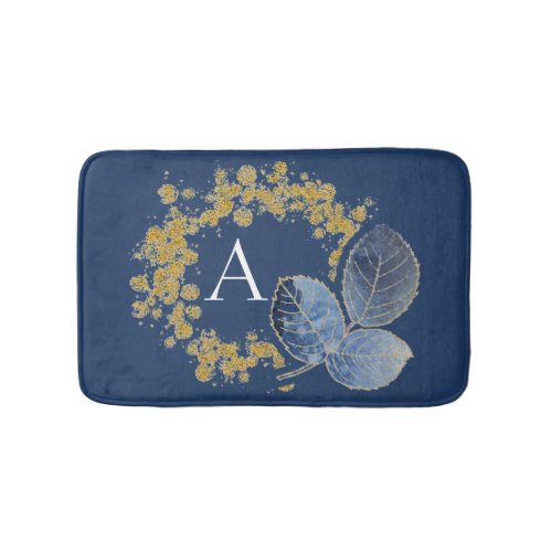 Trendy Luxury Navy Blue Gold Glitter Monogrammed Bath Mat