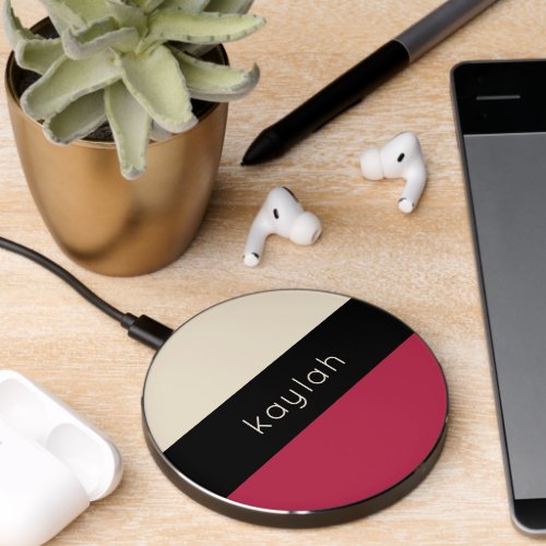 Trendy Magenta Color Block Pattern with Name Wireless Charger