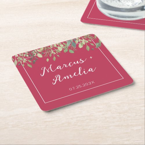 Trendy  Magenta  Eucalyptus Wedding  Square Paper Coaster