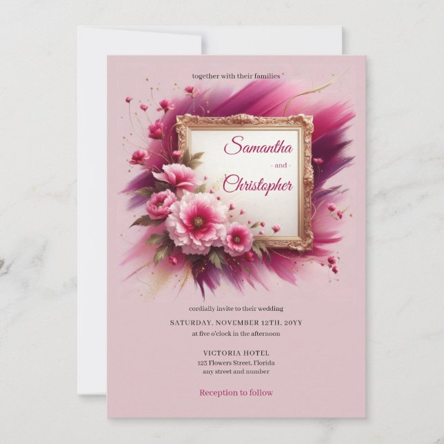 Trendy magenta flowers and gold frame wedding invitation (Front)