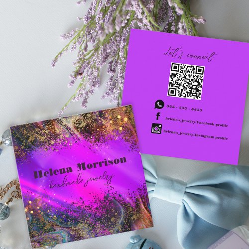 Trendy Magenta Marbled Effect and Gold Speckles Square Business Card