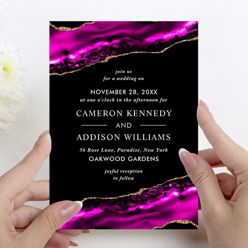 Trendy Magenta Pink and Gold Wedding Invitation