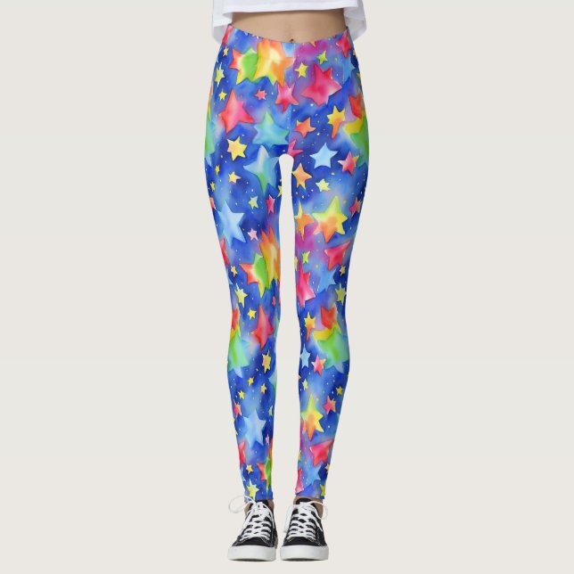 Trendy Magic Colorful Rainbow Stars Pattern  Leggings (Front)