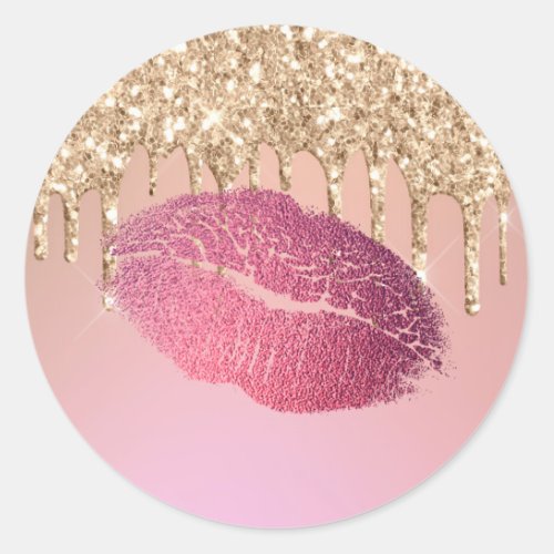 Trendy Makeup Artist Lip Kiss Rose Gold Glitter Classic Round Sticker