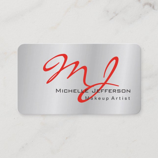 Trendy Makeup Artist Silver Gray Red Monogram Business Card (Front)