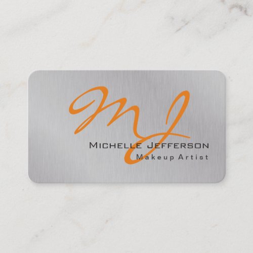 Trendy Makeup Artist Silver Grey Orange Monogram Business Card