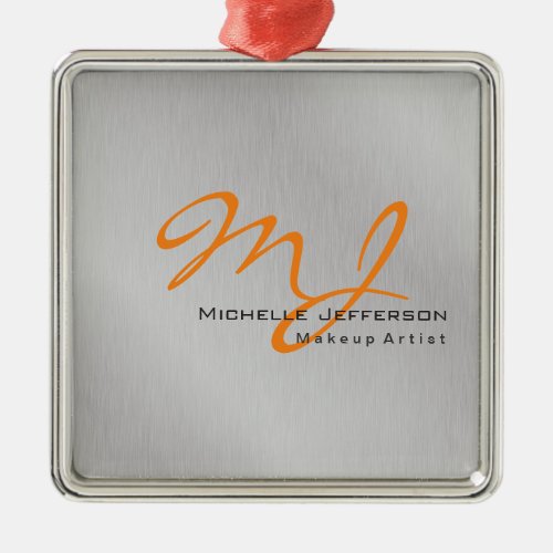 Trendy Makeup Artist Silver Grey Orange Monogram Metal Ornament