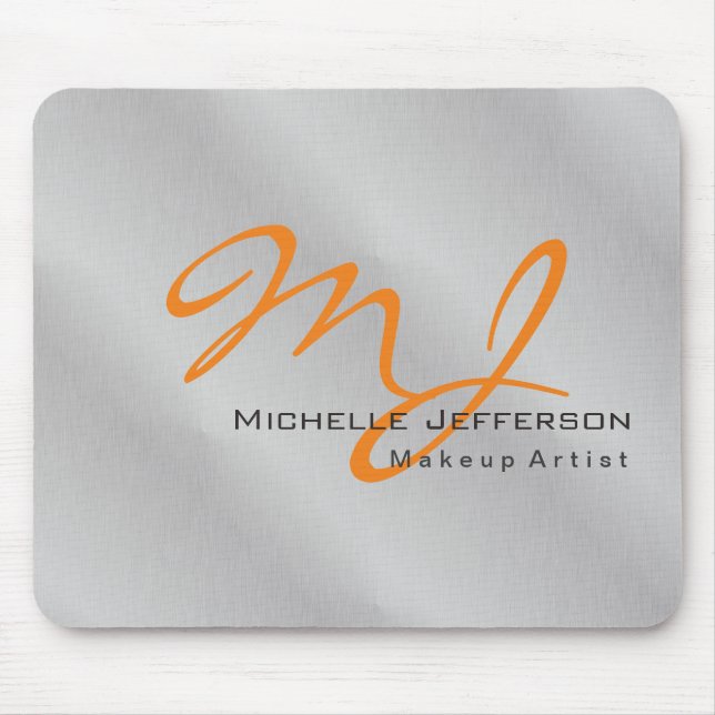 Trendy Makeup Artist Silver Grey Orange Monogram Mouse Pad (Front)