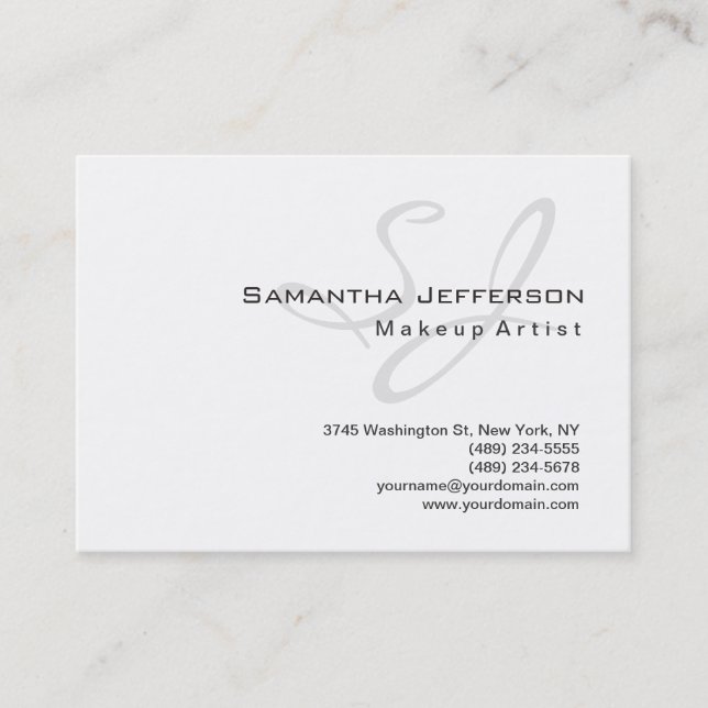 Trendy Makeup Artist White Gray Monogram Business Card (Front)