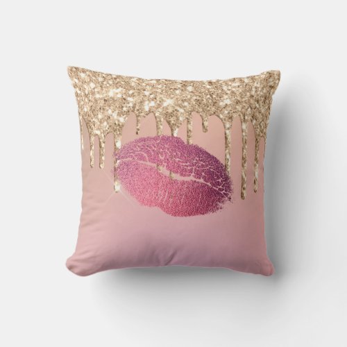 Trendy Makeup Lip Kiss Rose Gold Glitter Drips Throw Pillow