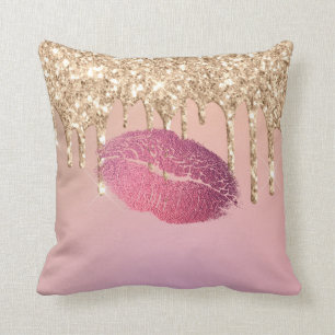 Trendy Makeup Lip Kiss Rose Gold Glitter Drips Throw Pillow