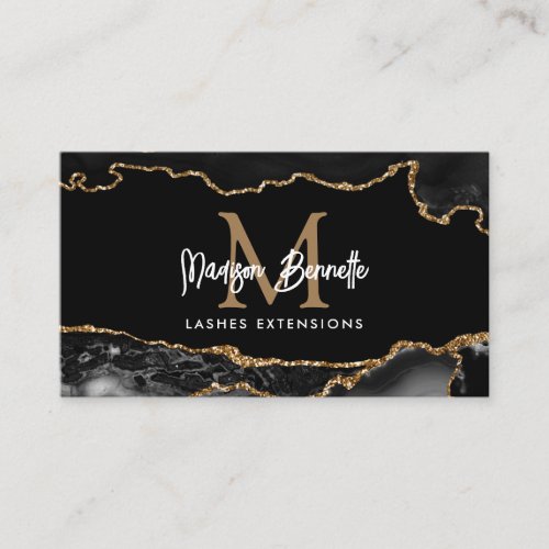 Trendy Marble Agate Black Gold Script Monogram Business Card