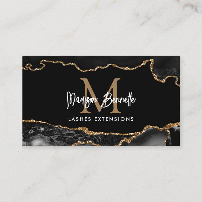 Trendy Marble Agate Black Gold Script Monogram Business Card (Front)